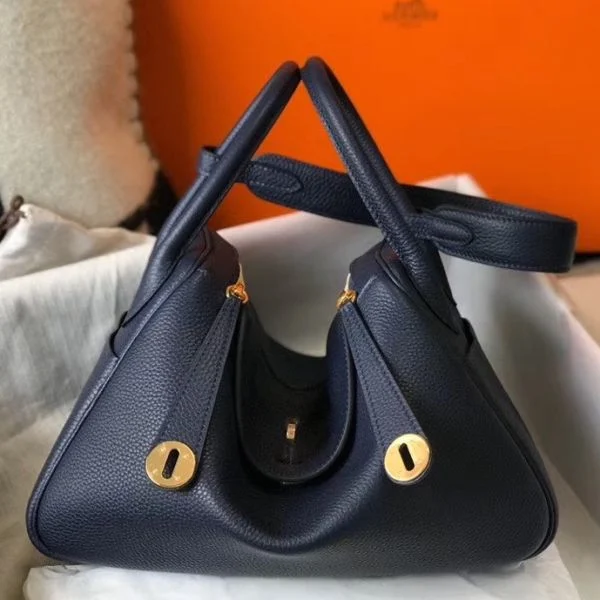 Hermes Lindy 30cm Bag In Navy Blue Clemence Leather GHW