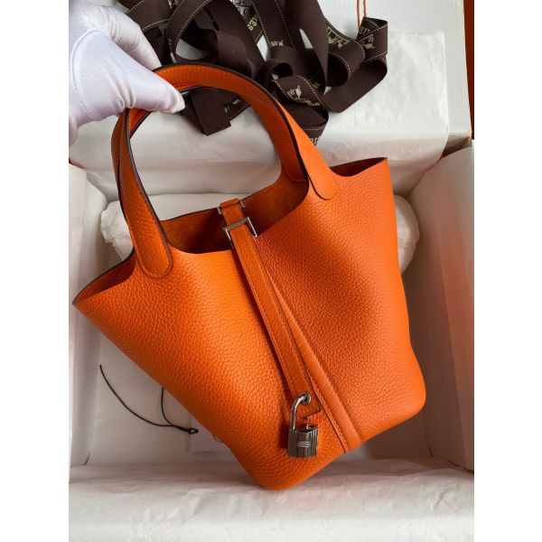Hermes Picotin Lock 18 Handmade Bag in Orange Clemence Leather - Image 2