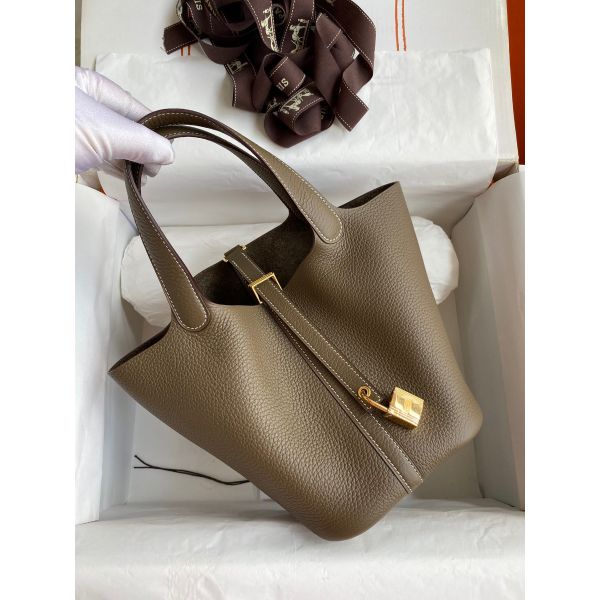 Hermes Picotin Lock 18 Handmade Bag in Taupe Clemence Leather - Image 2