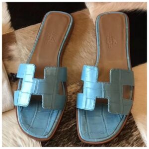Hermes Oran Sandals In Celeste Shiny Niloticus Crocodile