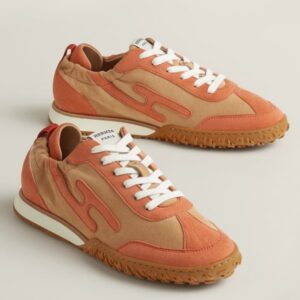 Hermes Men's Jet Sneakers in Beige/Orange Suede Leather