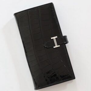 Hermes Bearn Long Wallet in Black Shiny Alligator Leather
