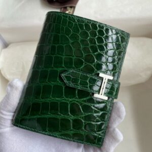 Hermes Bearn Compact Wallet in Vert Fonce Shiny Alligator Leather